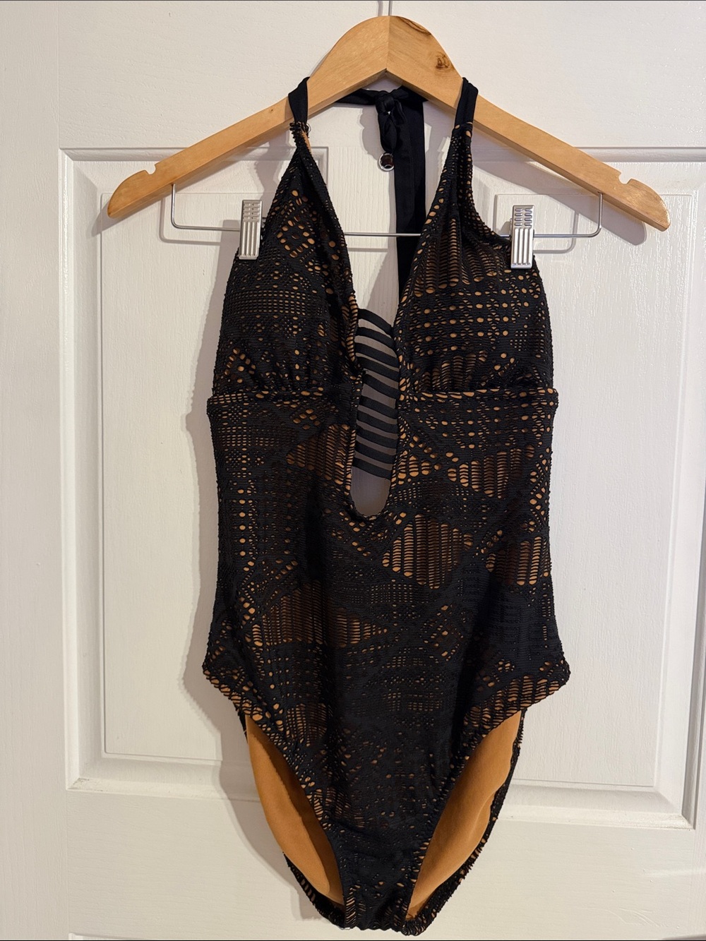 Mossimo Supply Co. Black Crochet One-Piece Swimsuit with Tan Lining